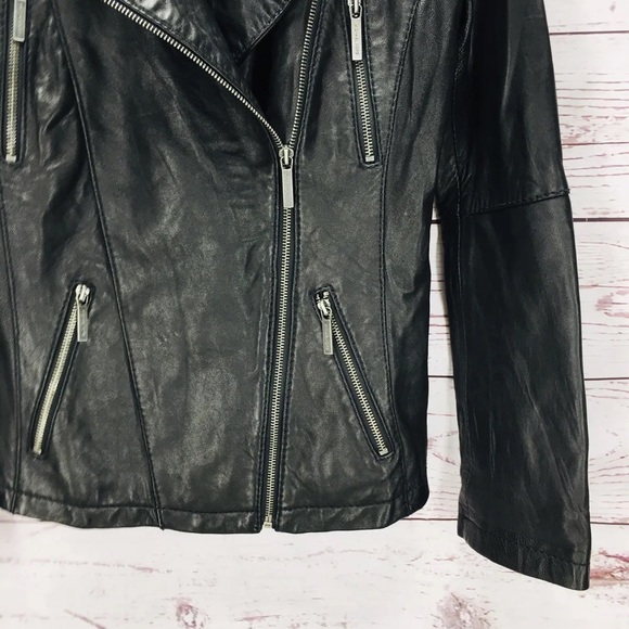 Michael Kors Women's Black Leather Biker Moto Jacket Zip Pockets Size S - Picture 4 of 10